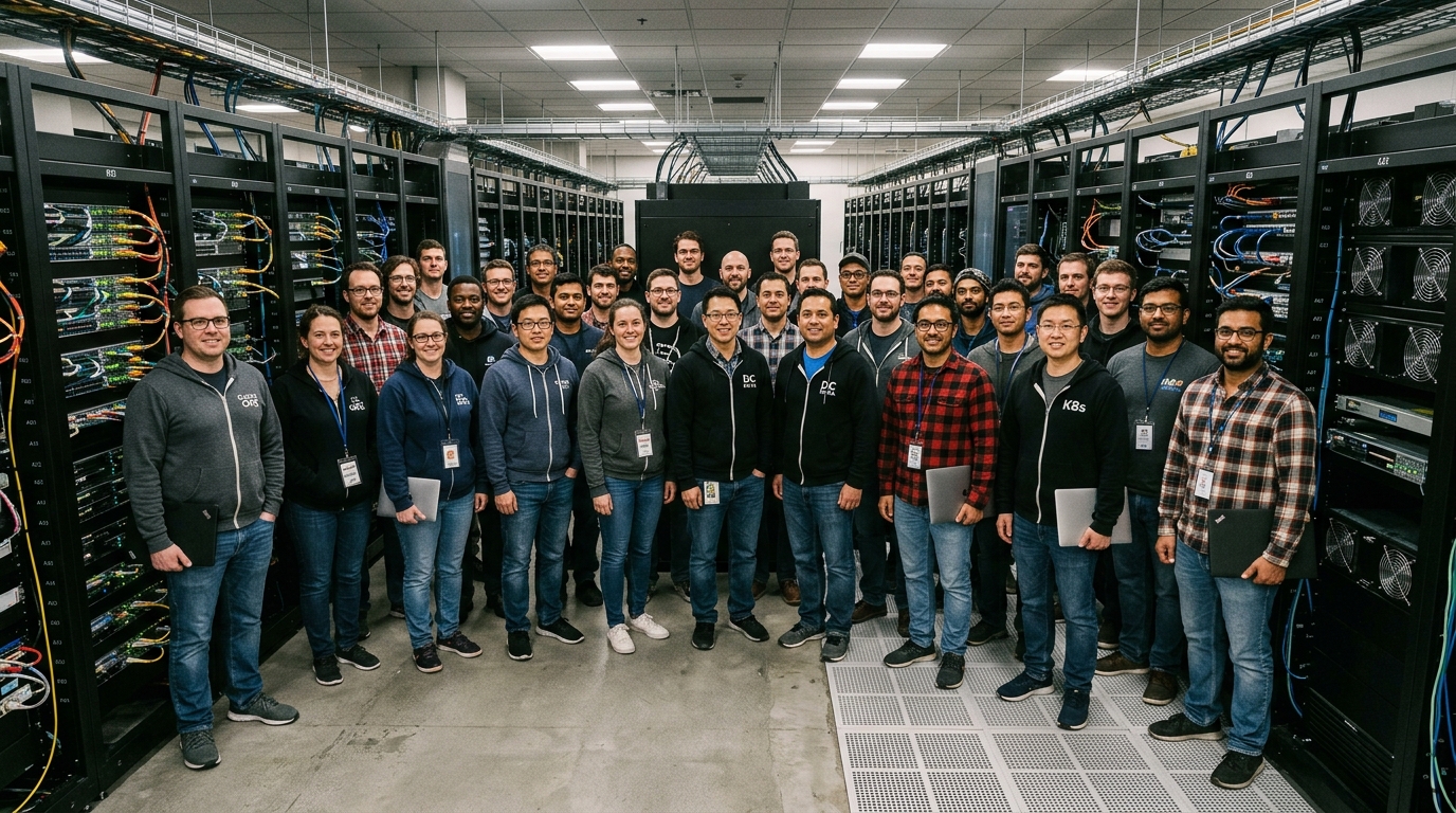 Around thirty-five Beyond Cloud team members standing together in a real data center aisle, smiling and looking toward the camera.
