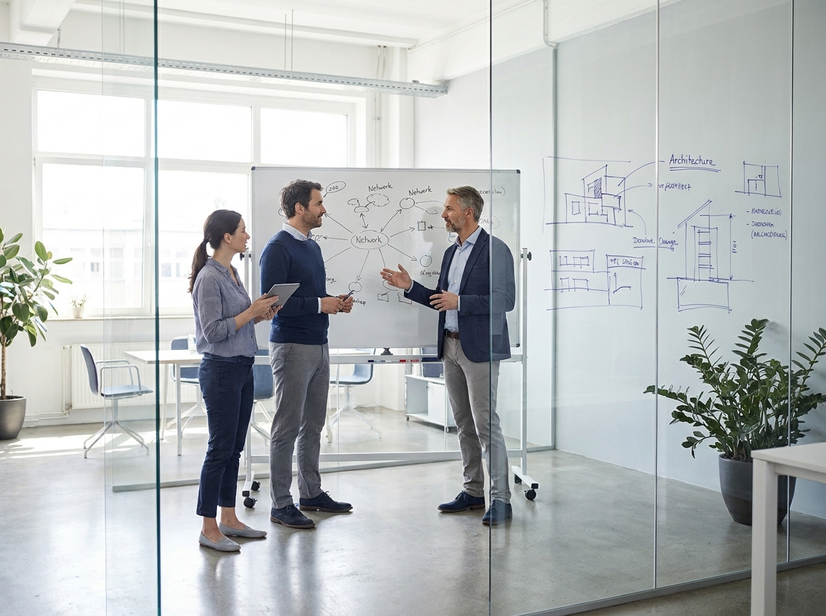 The Beyond Cloud team reviewing architecture notes during a working session.